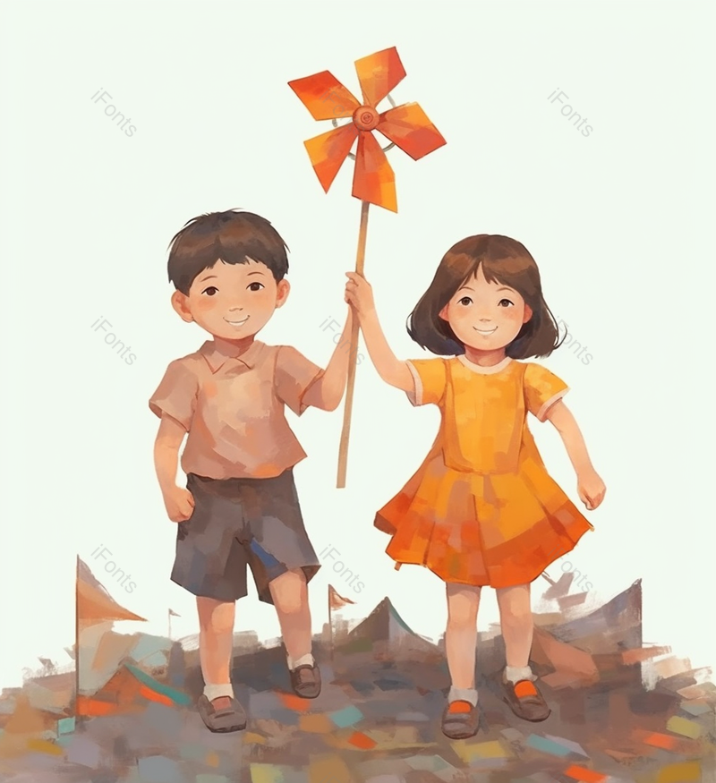 两儿童兄妹同学朋友小朋友孩子玩一个风车两人插画,插画/手绘图,插画/手绘图库,插画/手绘图下载,插画/手绘